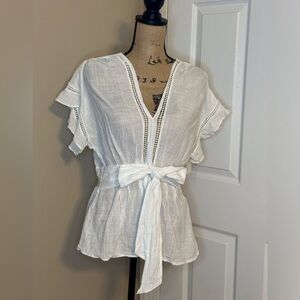 Women’s Max Studio Blouse Short sleeve, plunge, white Size Large